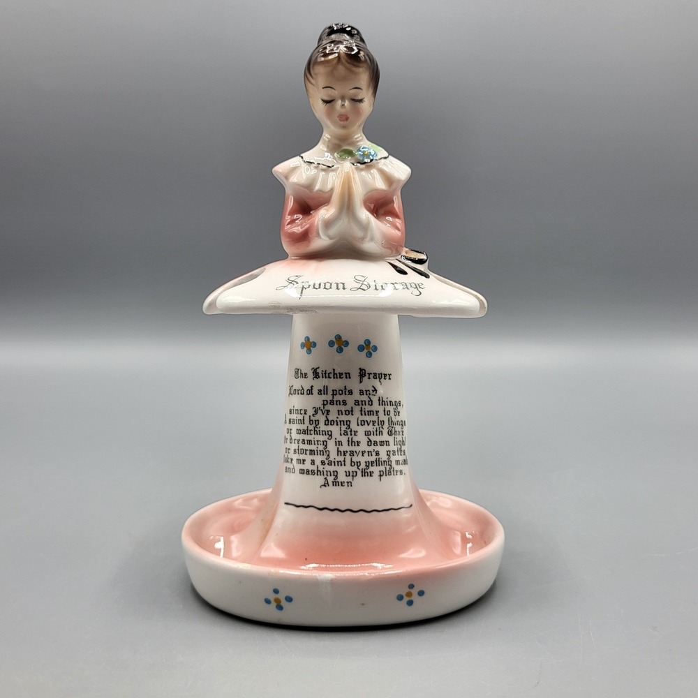 Vtg Enesco Spoon Storage Rest Kitchen Prayer Figurine Pink White Ceramic 6.5"